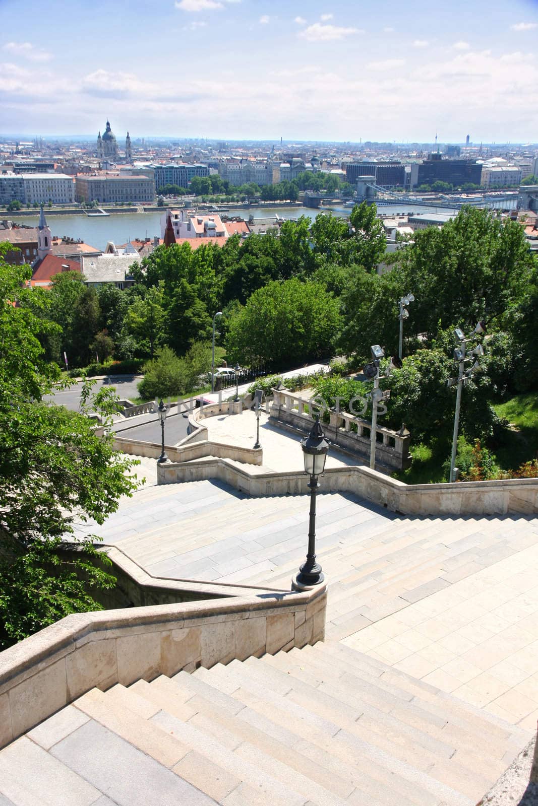 Details The stairs of the Fisherman's Bastion and panorama, Budapest, Hungary