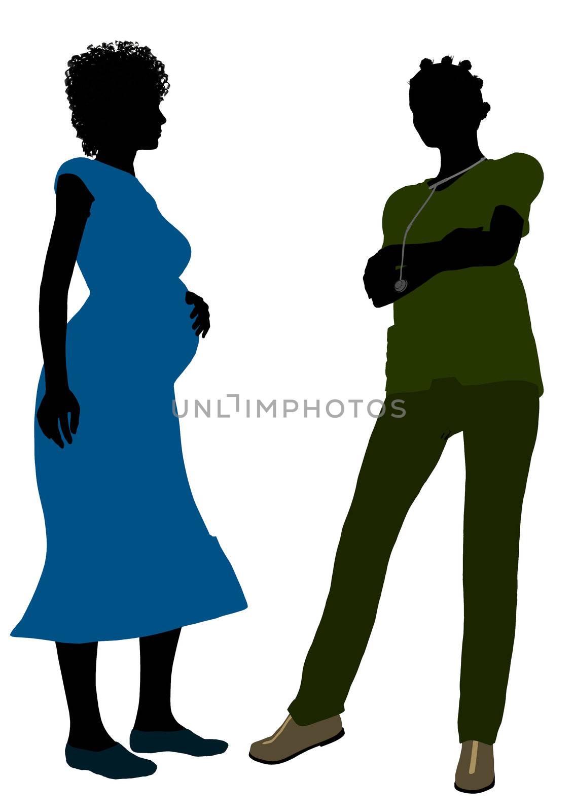 African american female doctor with pregnant female patient silhouette on a white background