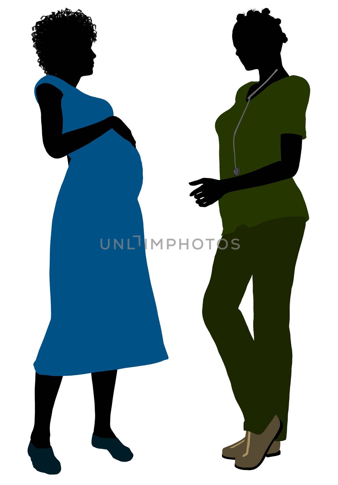 African american female doctor with pregnant female patient silhouette on a white background