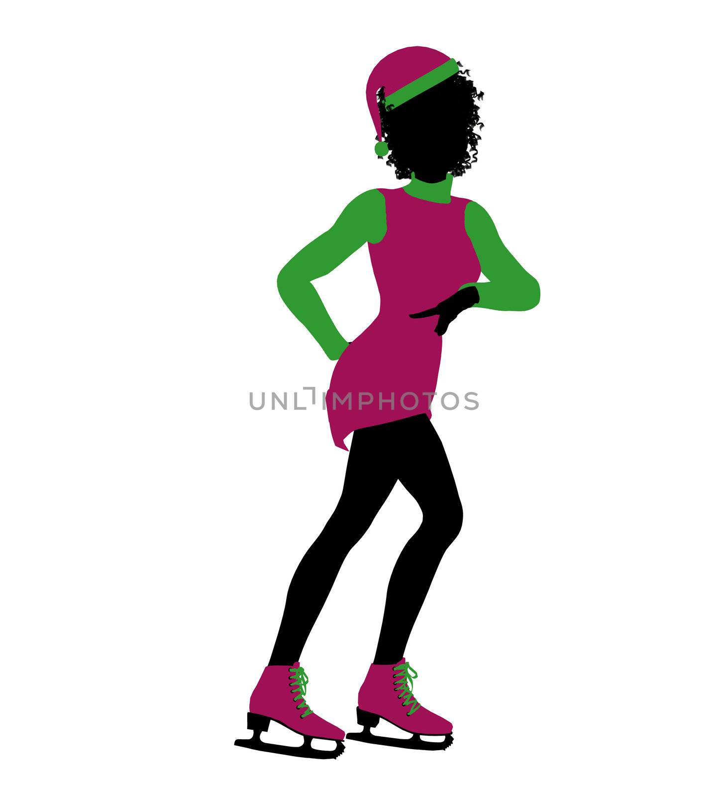 African ameircan christmas elf ice skating illustration silhouette on a white background