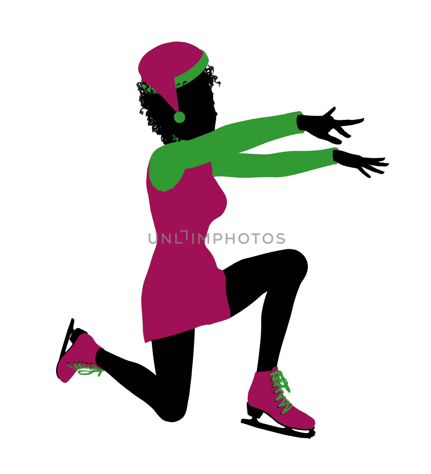 African ameircan christmas elf ice skating illustration silhouette on a white background