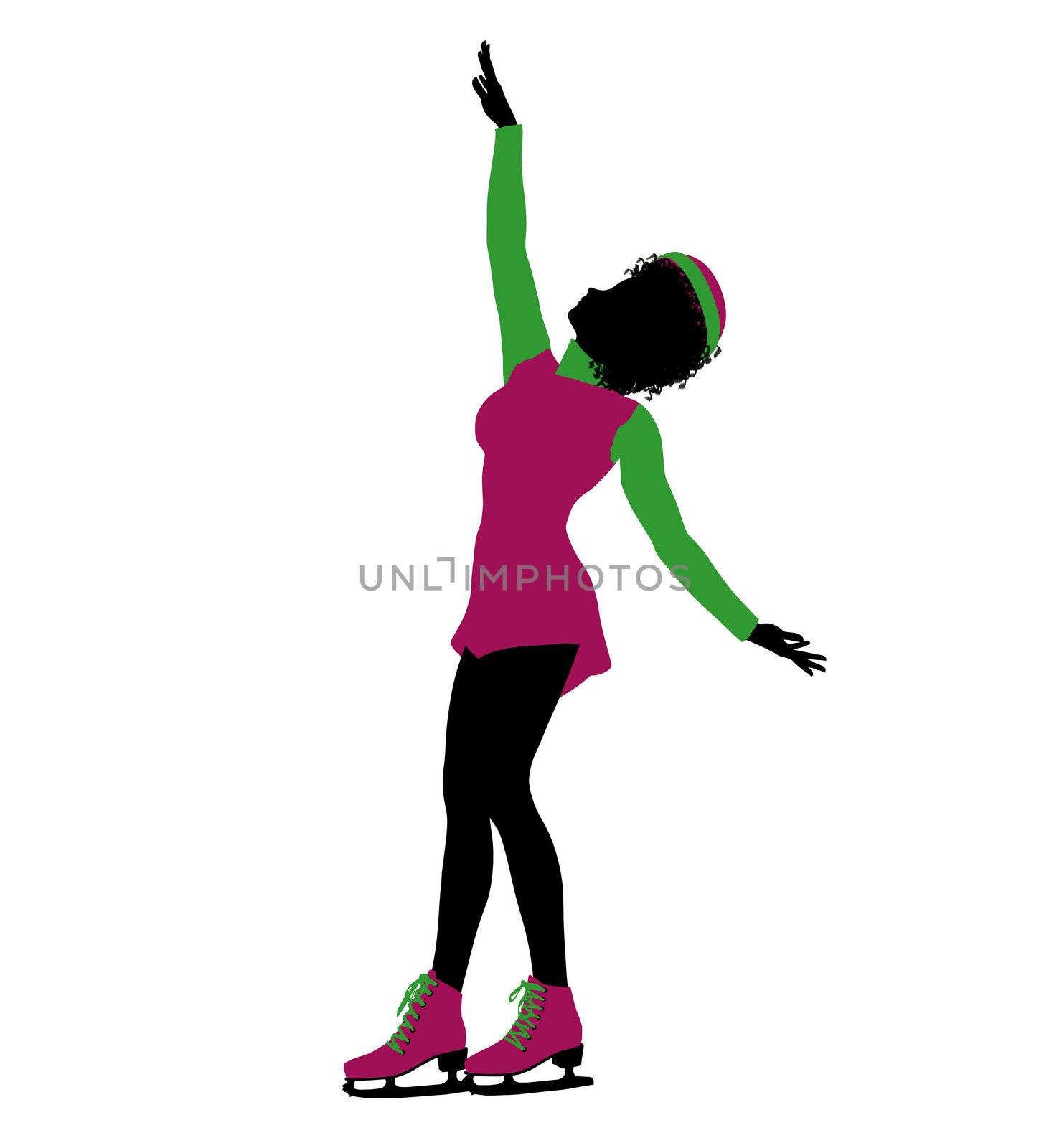 African ameircan christmas elf ice skating illustration silhouette on a white background