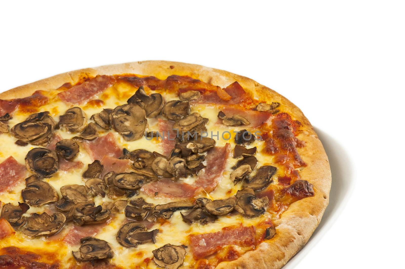 Freshly cooked pizza on a white background