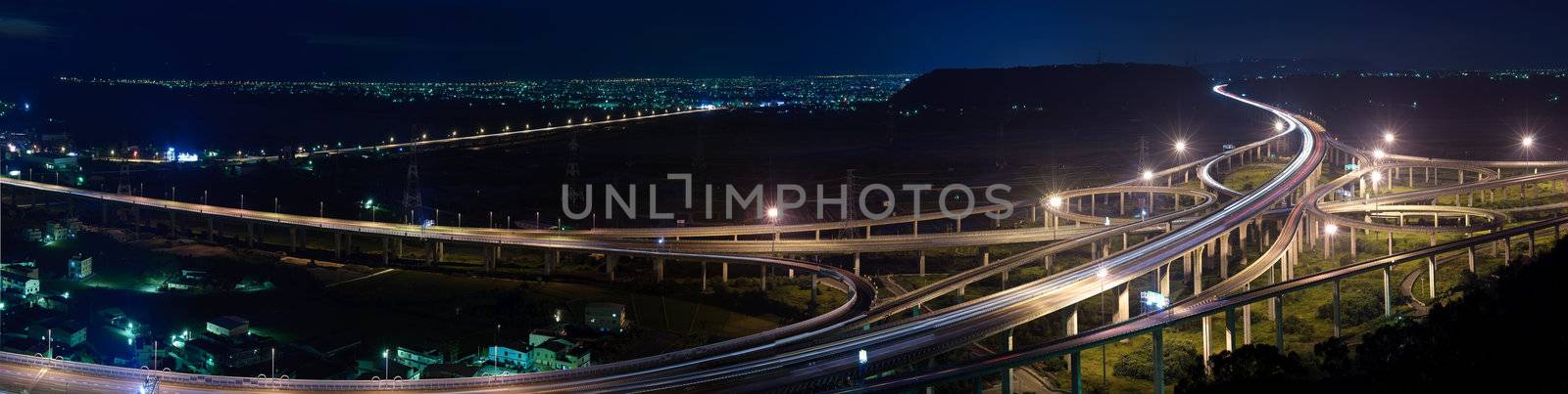 Panoramic cityscape of freeway in night with cars light in modern city in Taiwan, Asia.