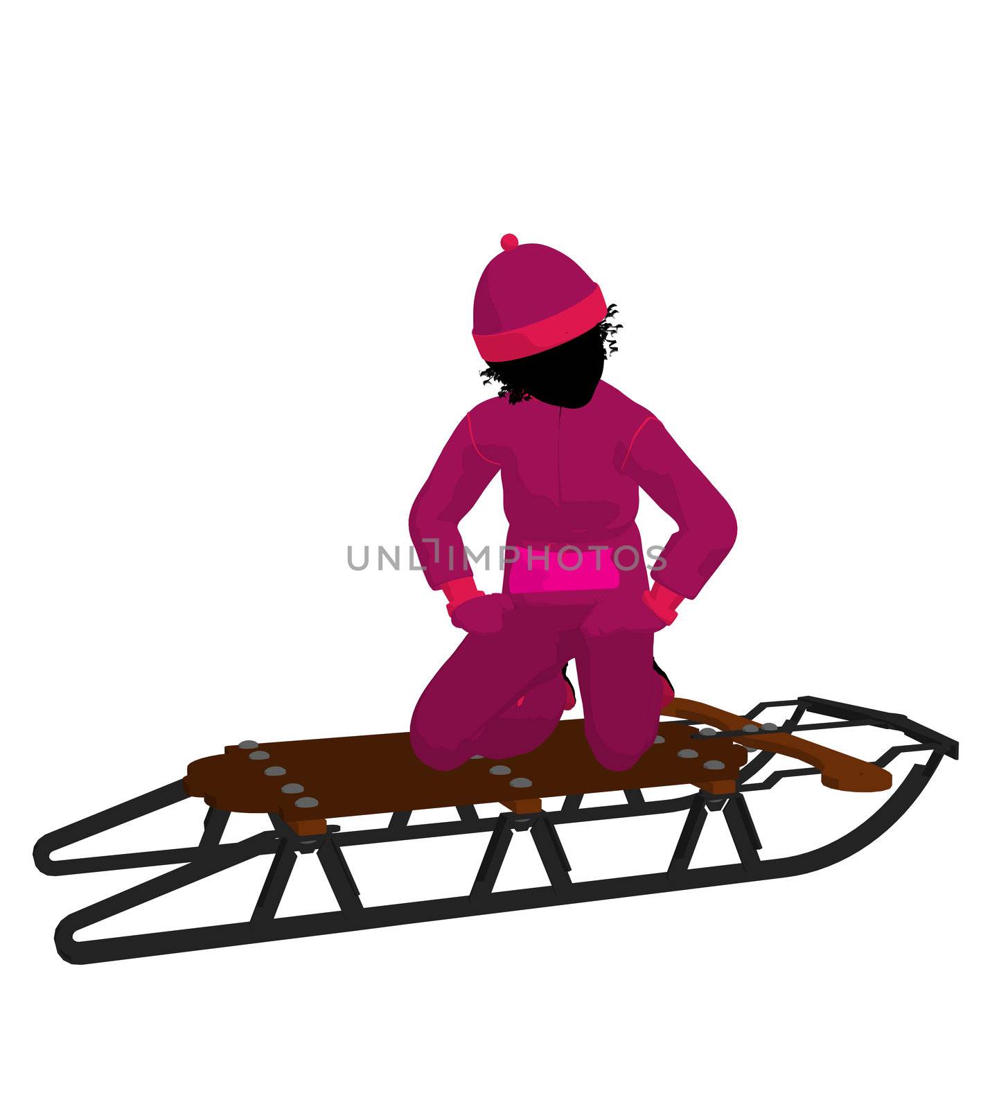 African american girl on a sled silhouette on a white background