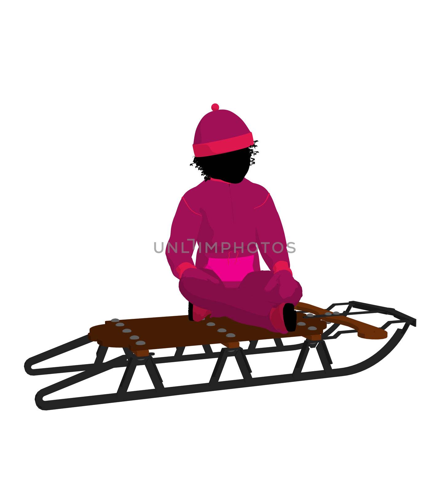 African american girl on a sled silhouette on a white background