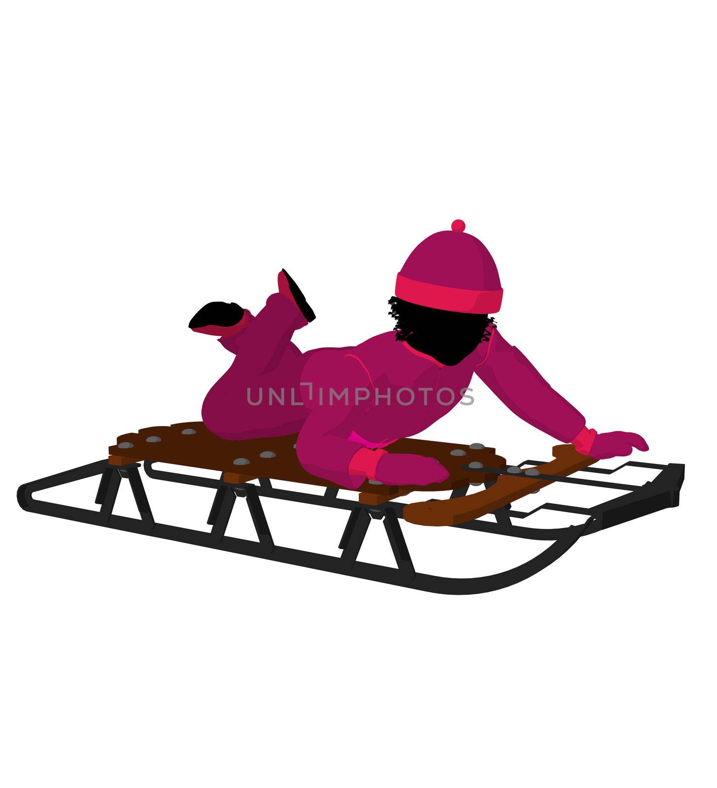 African american girl on a sled silhouette on a white background