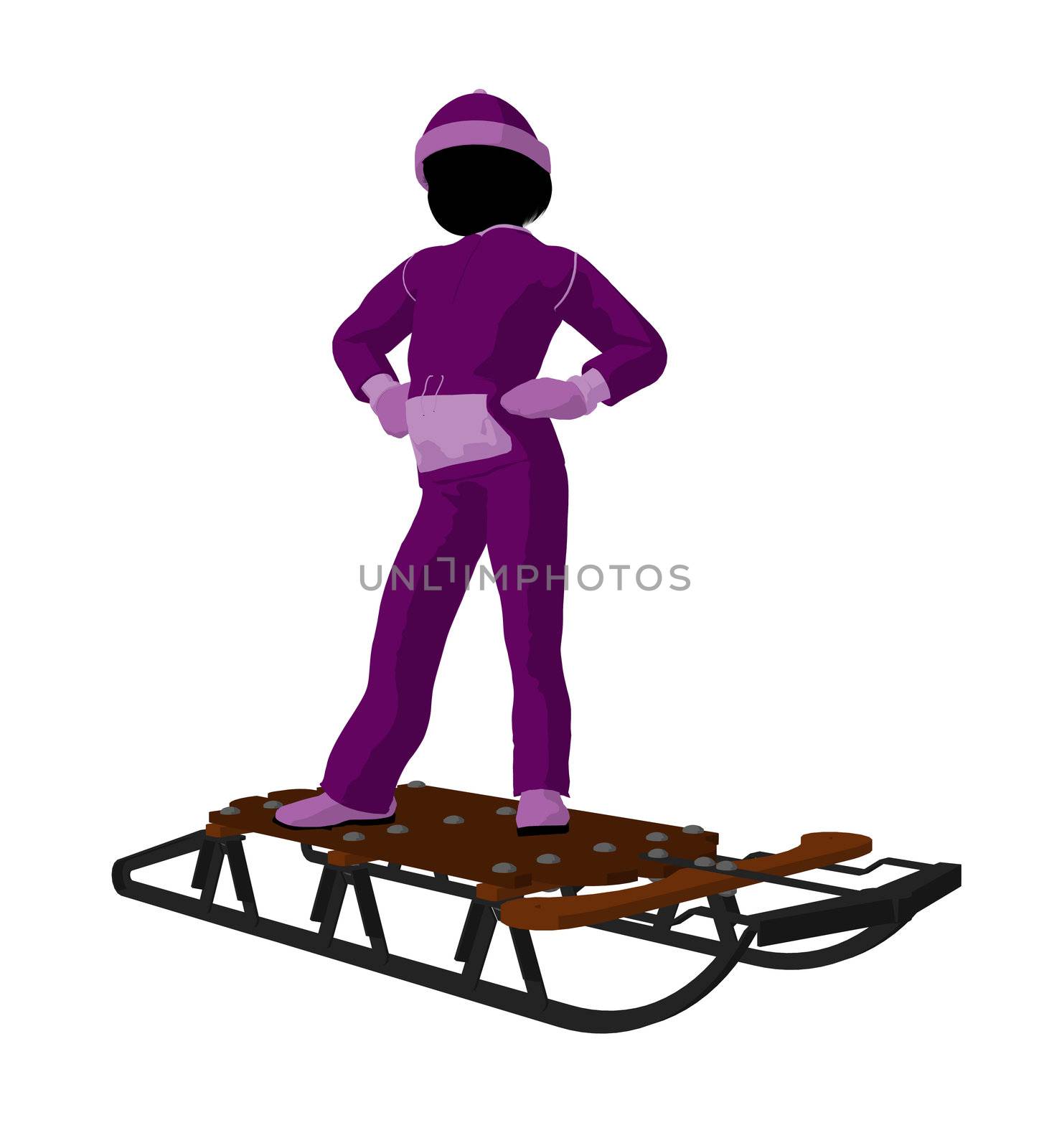 Girl on a sled silhouette on a white background