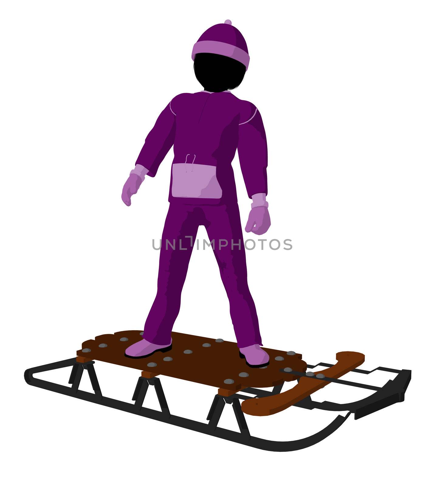 Girl on a sled silhouette on a white background