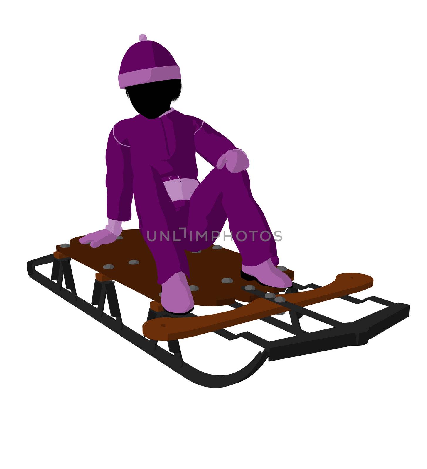 Girl on a sled silhouette on a white background