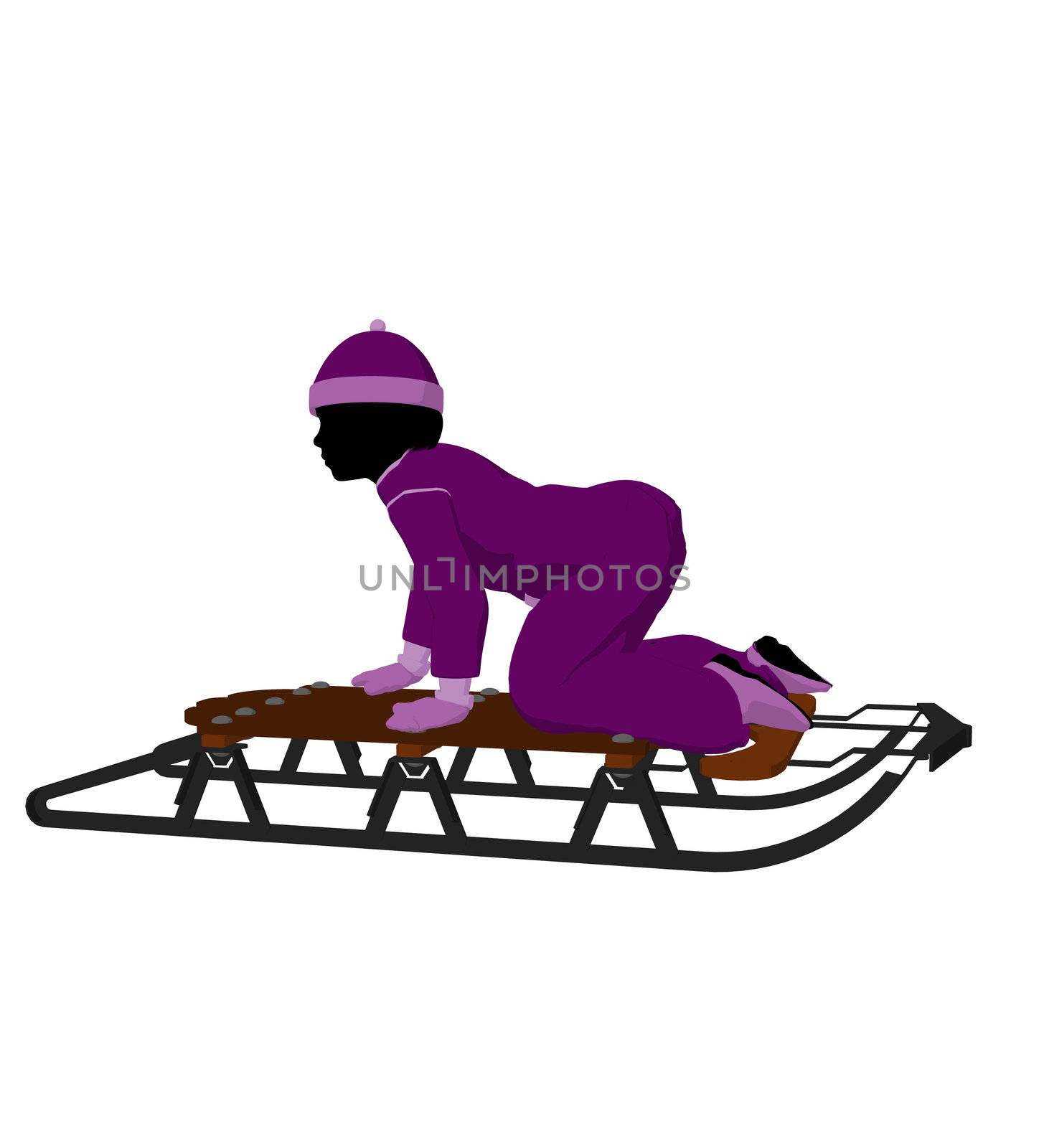 Girl on a sled silhouette on a white background