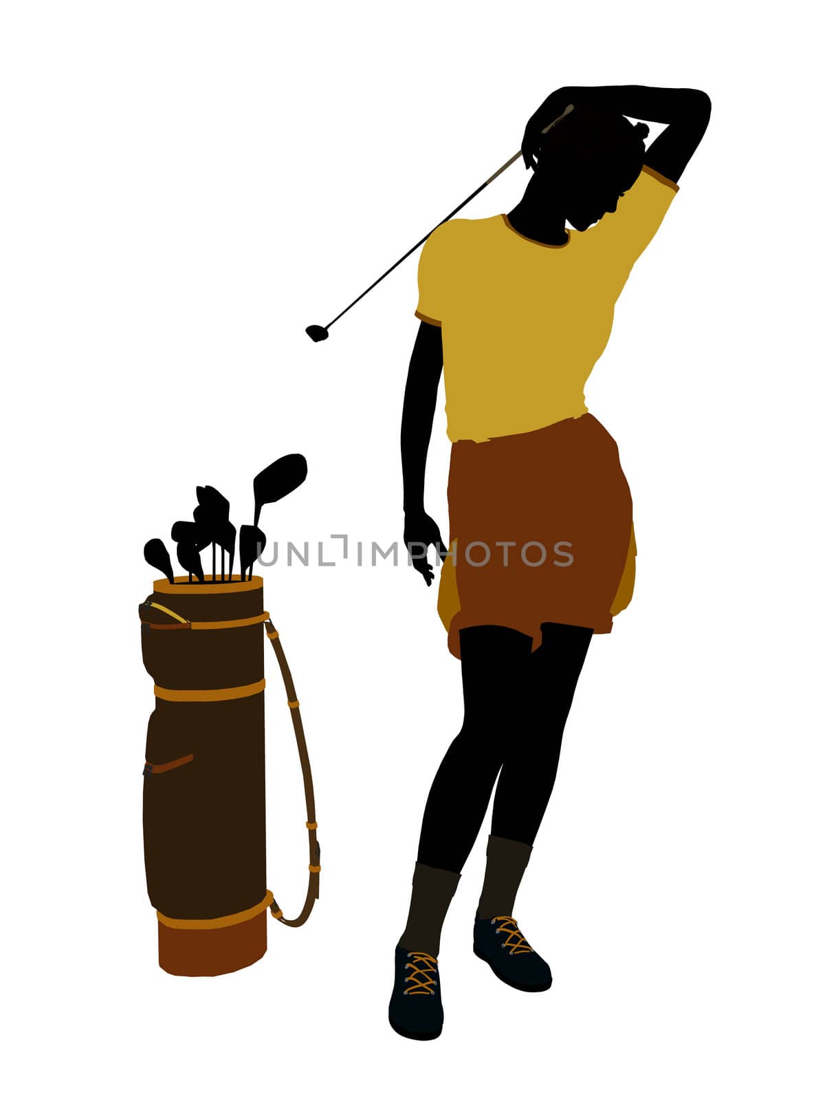 African american female golf player art illustration silhouette on a white background