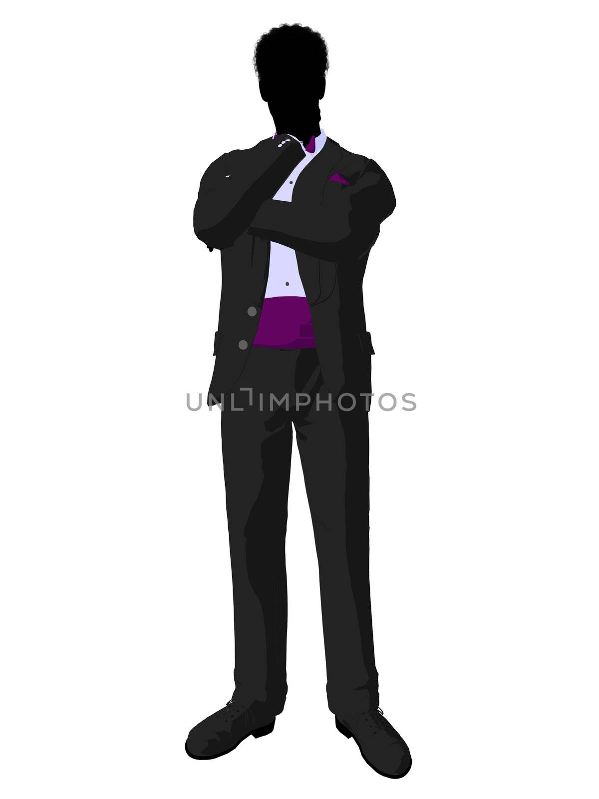 African american wedding groom in a tuxedo silhouette illustration on a white background