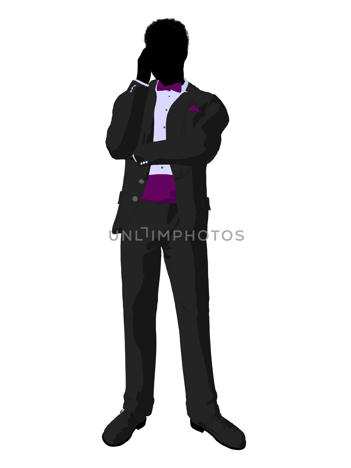 African american wedding groom in a tuxedo silhouette illustration on a white background