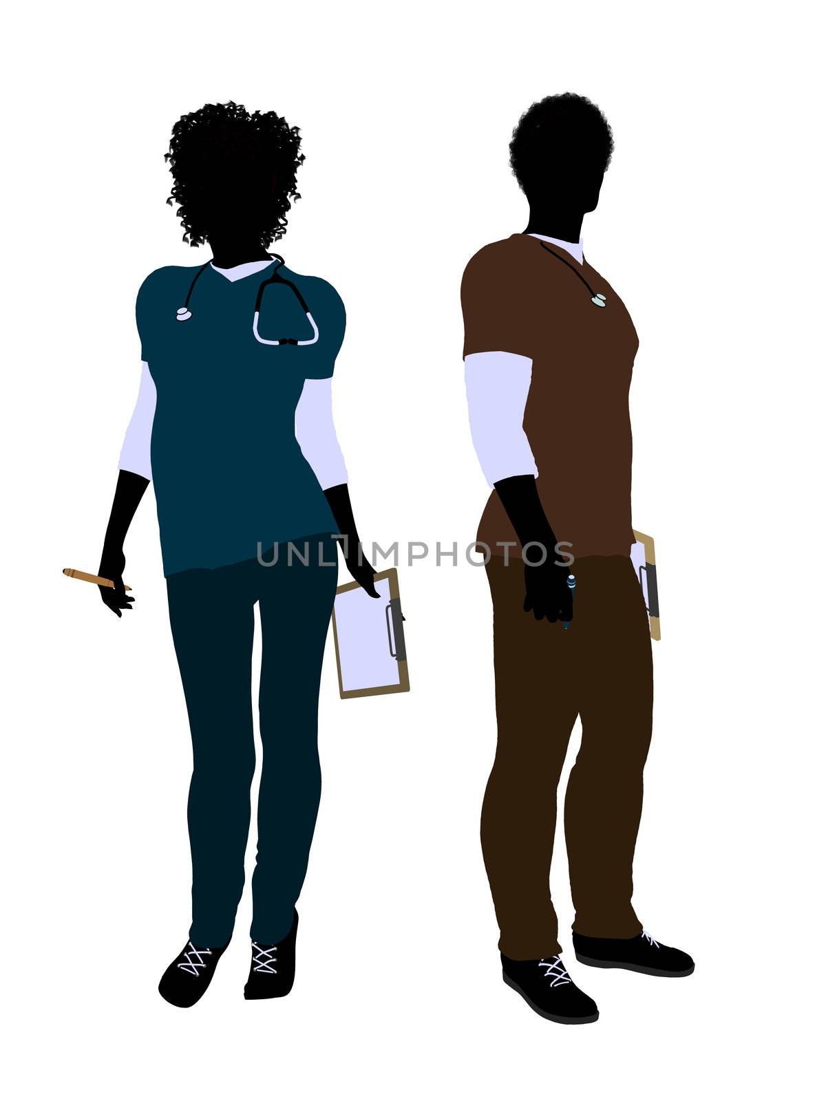 African american female  and male doctor silhouette on a white background