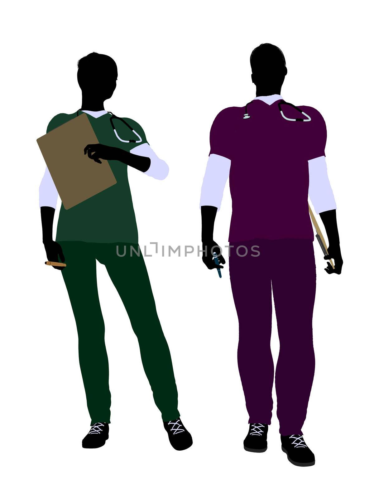 Female and male doctor silhouette on a white background