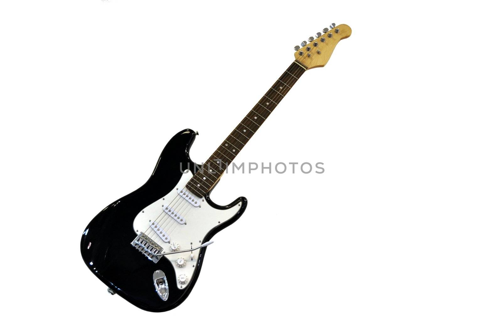 A black and white electric guitar isolated on white