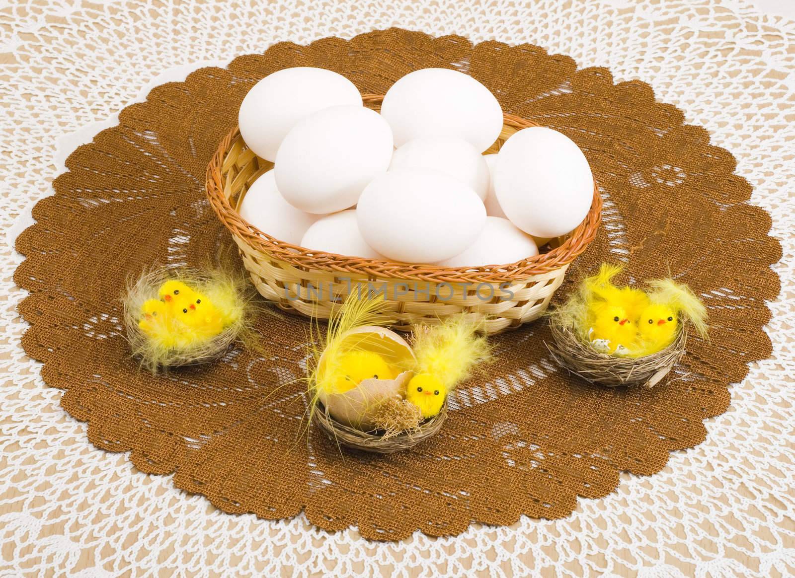 a basket of eggs and a group of easter chickens 