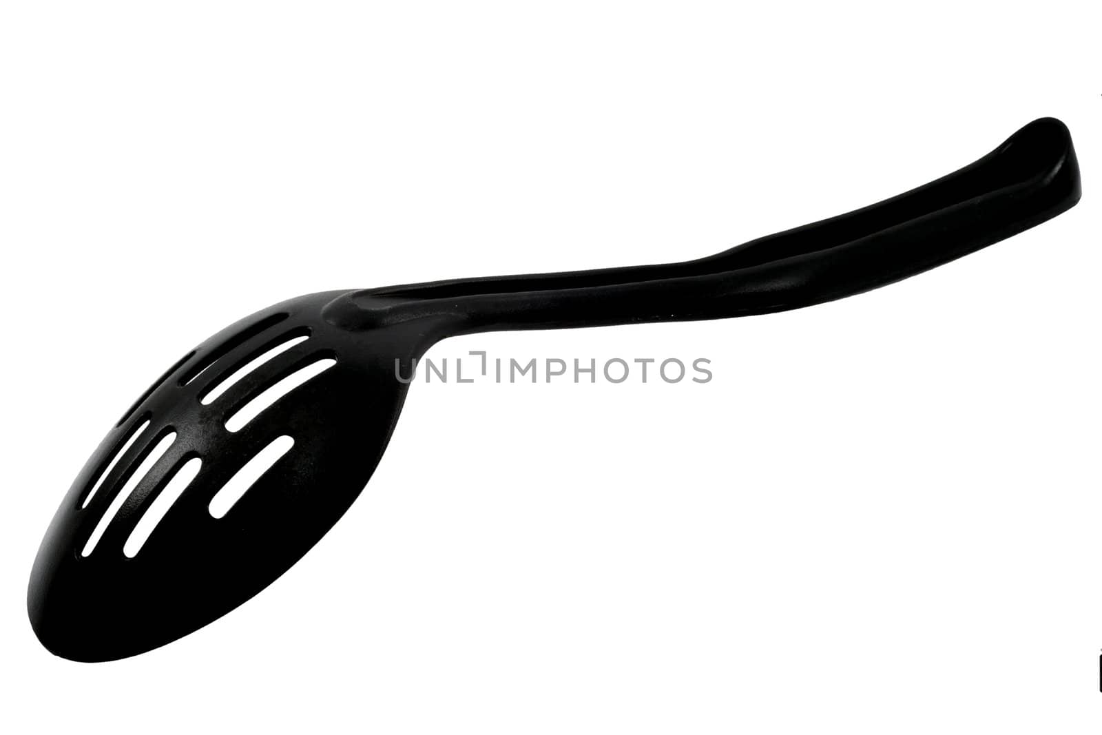 A black spoon you can find in most kitchens.