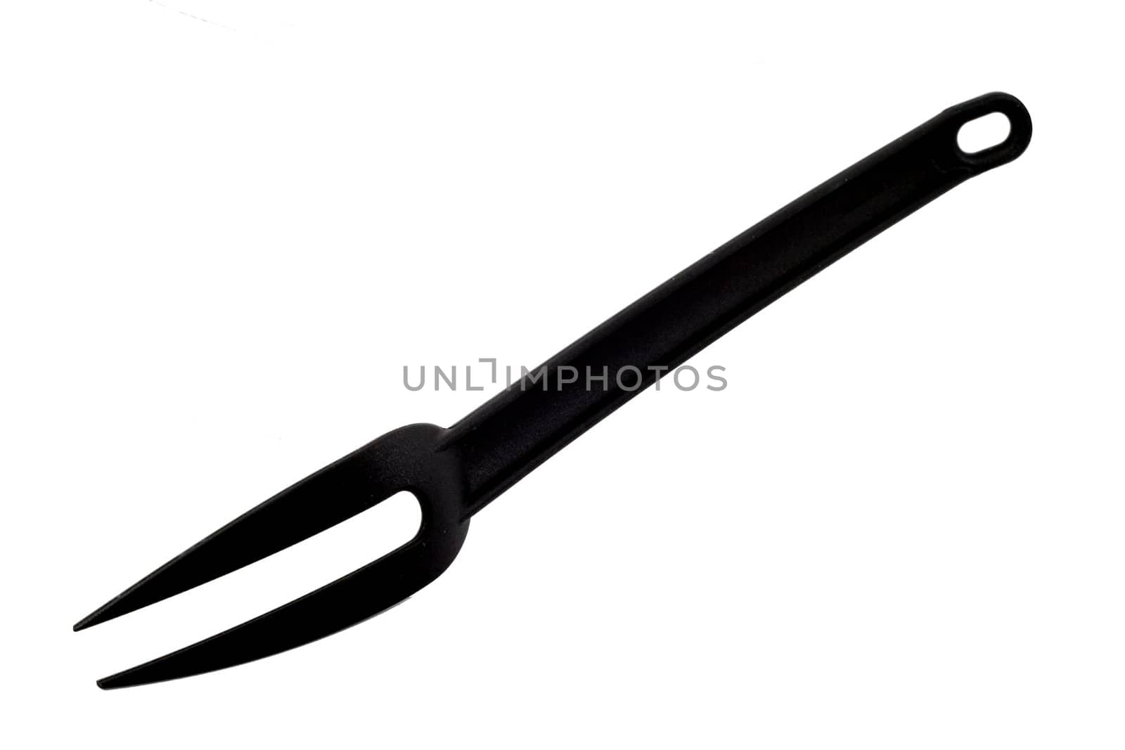 A black fork you can find in most kitchens.