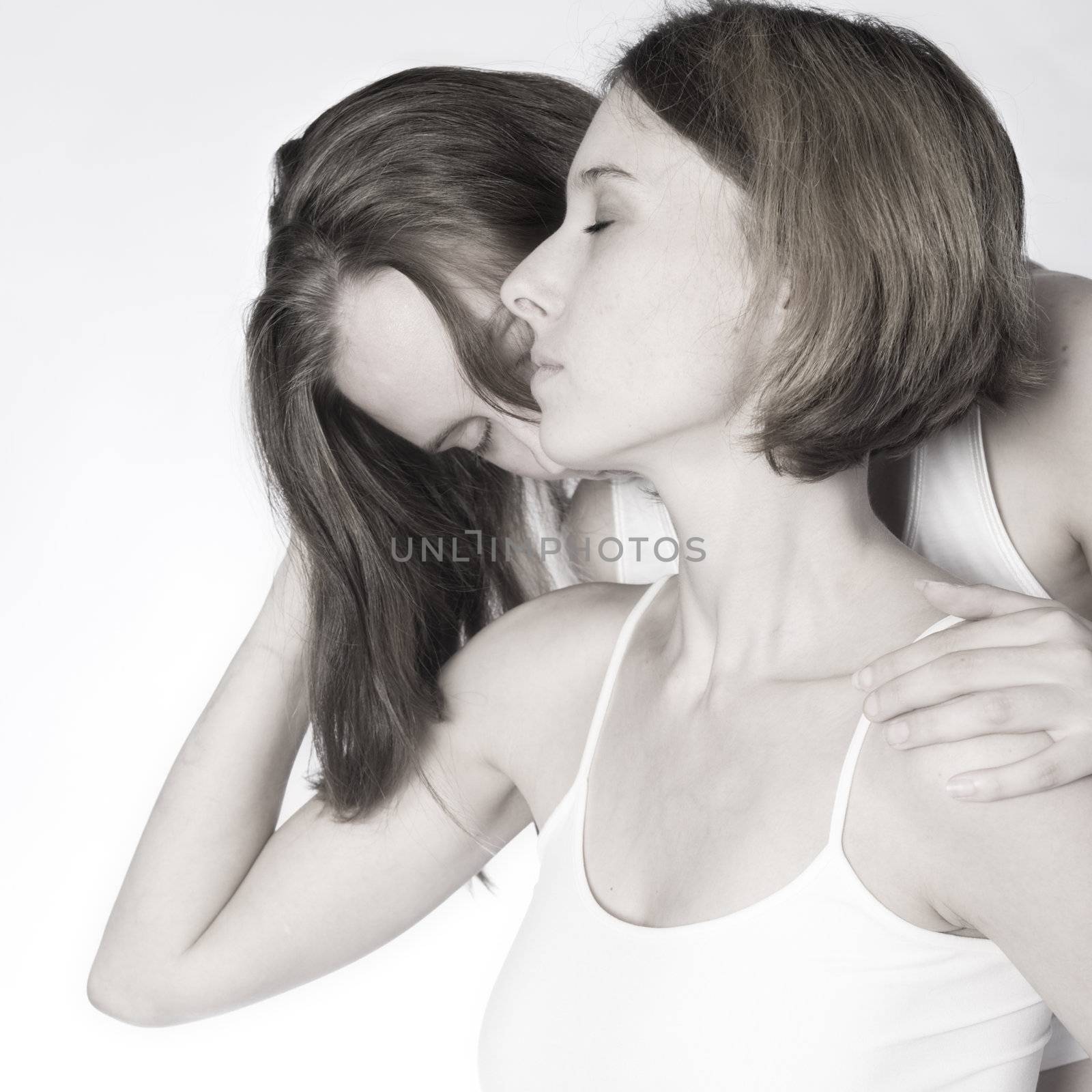 two beauty girlfriends in lingerie in the photo studio 