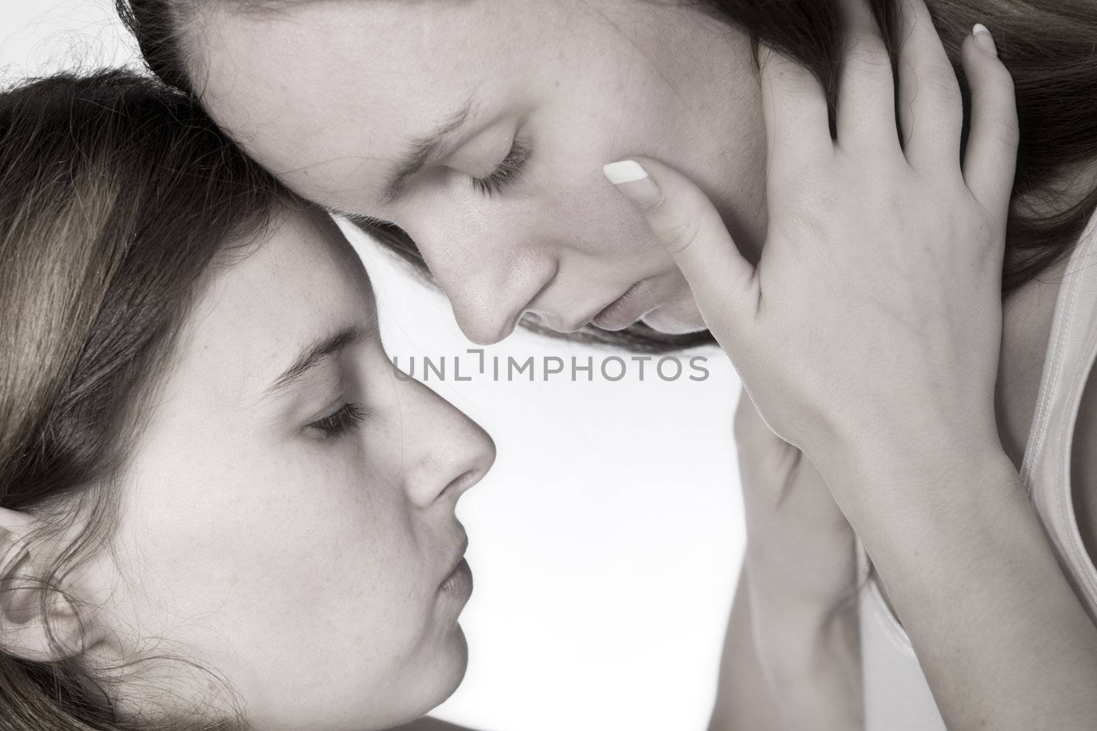 two beauty girlfriends in lingerie in the photo studio 