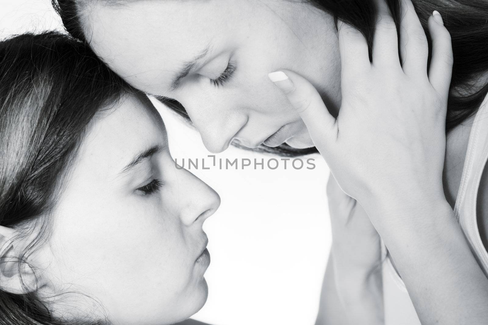 two beauty girlfriends in lingerie in the photo studio 