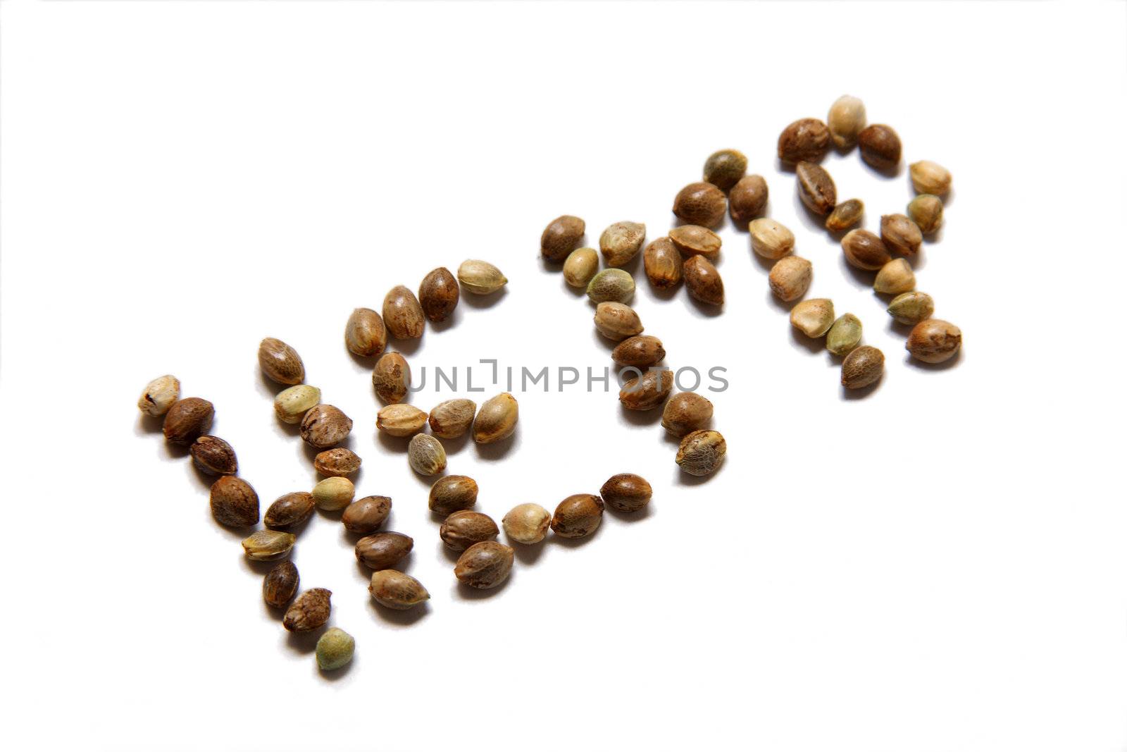 Hemp Seeds spelling "Hemp" on white background