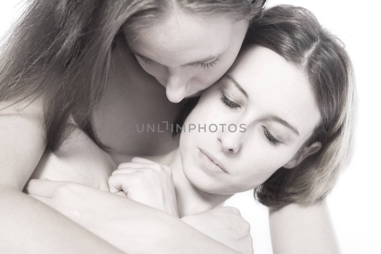 two beauty girlfriends in lingerie in the photo studio 