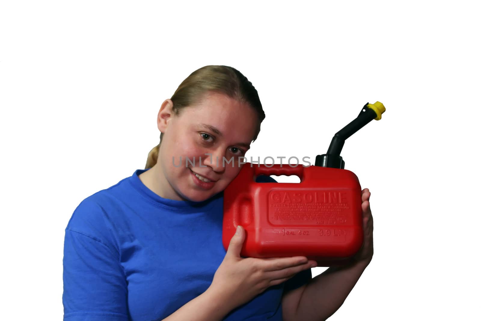 Woman hugging a gas can