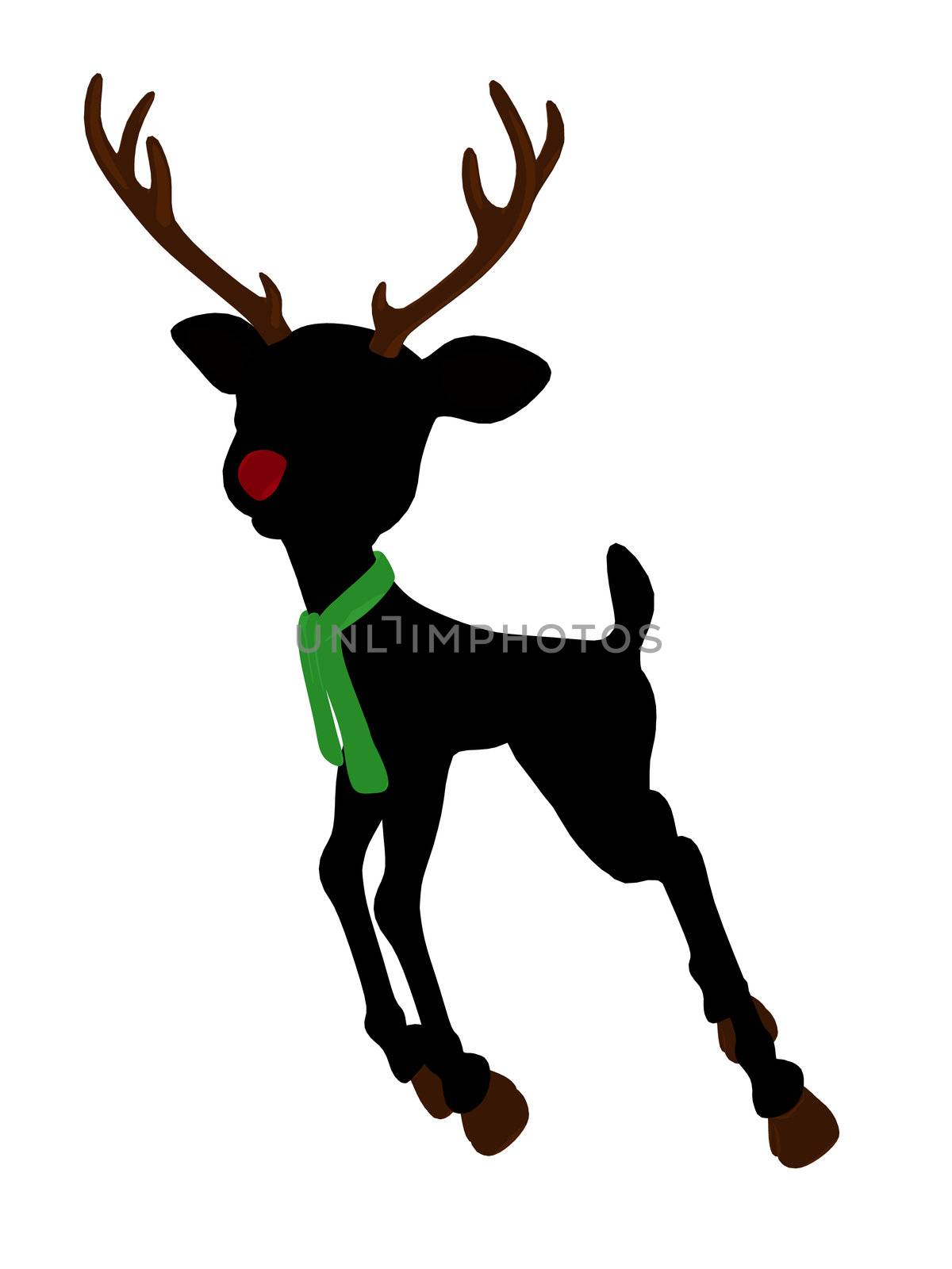 An illustration silhouette of rudolph the red nosed reindeer on a white background