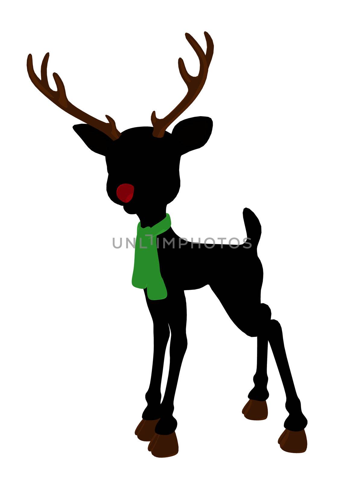 An illustration silhouette of rudolph the red nosed reindeer on a white background