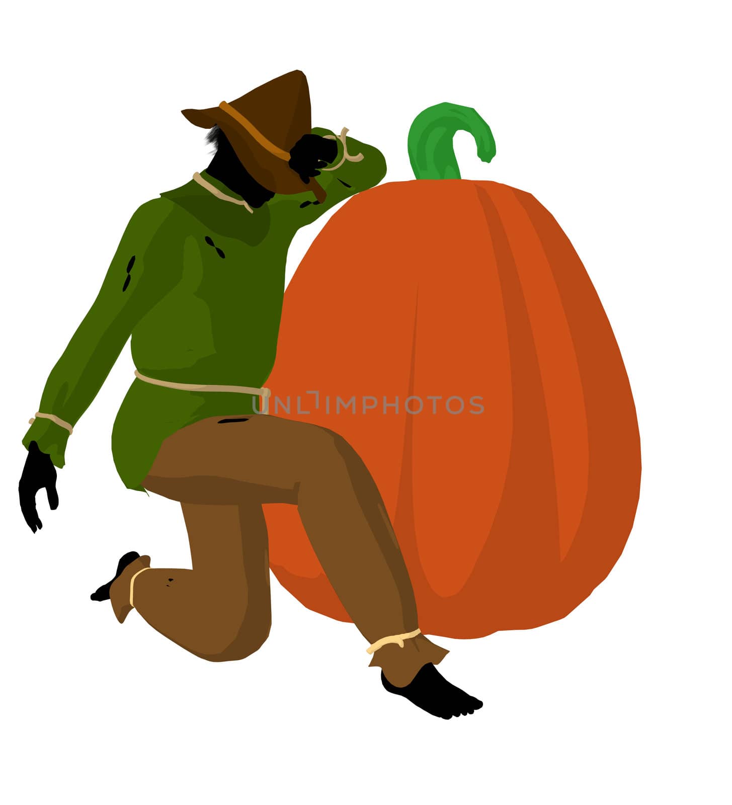 Halloween scarecrow next to a pumpkin silhouette illustration on a white background