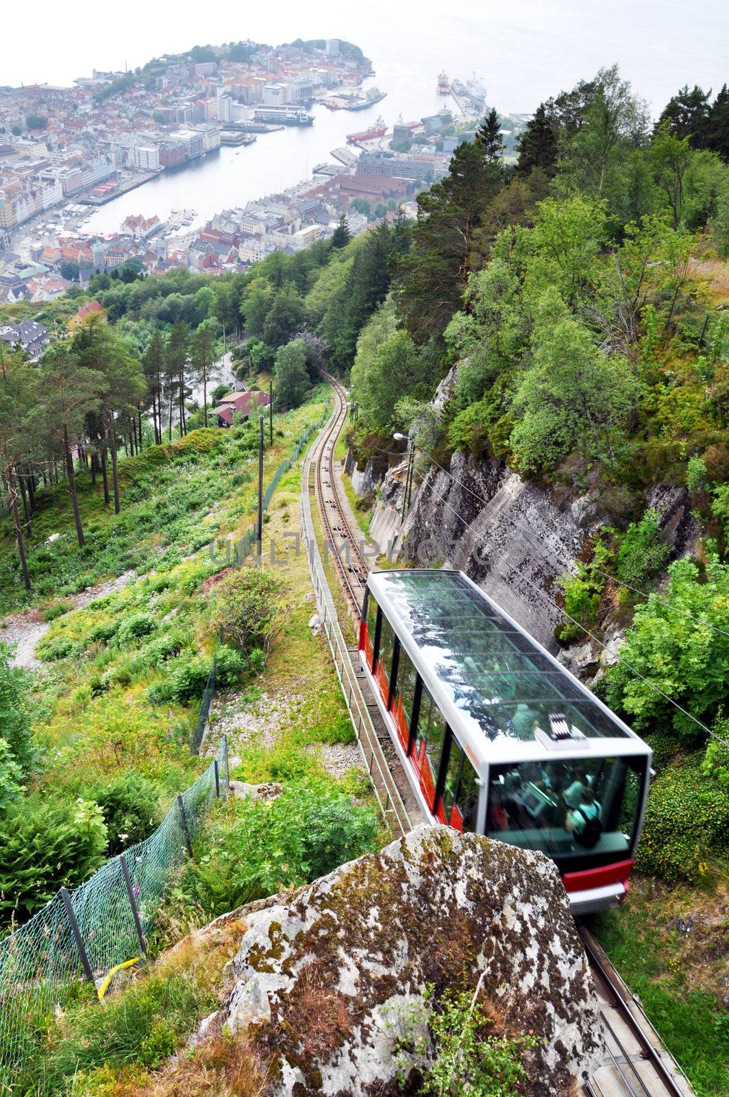 Bergen funicular and Bergen harbour in the background