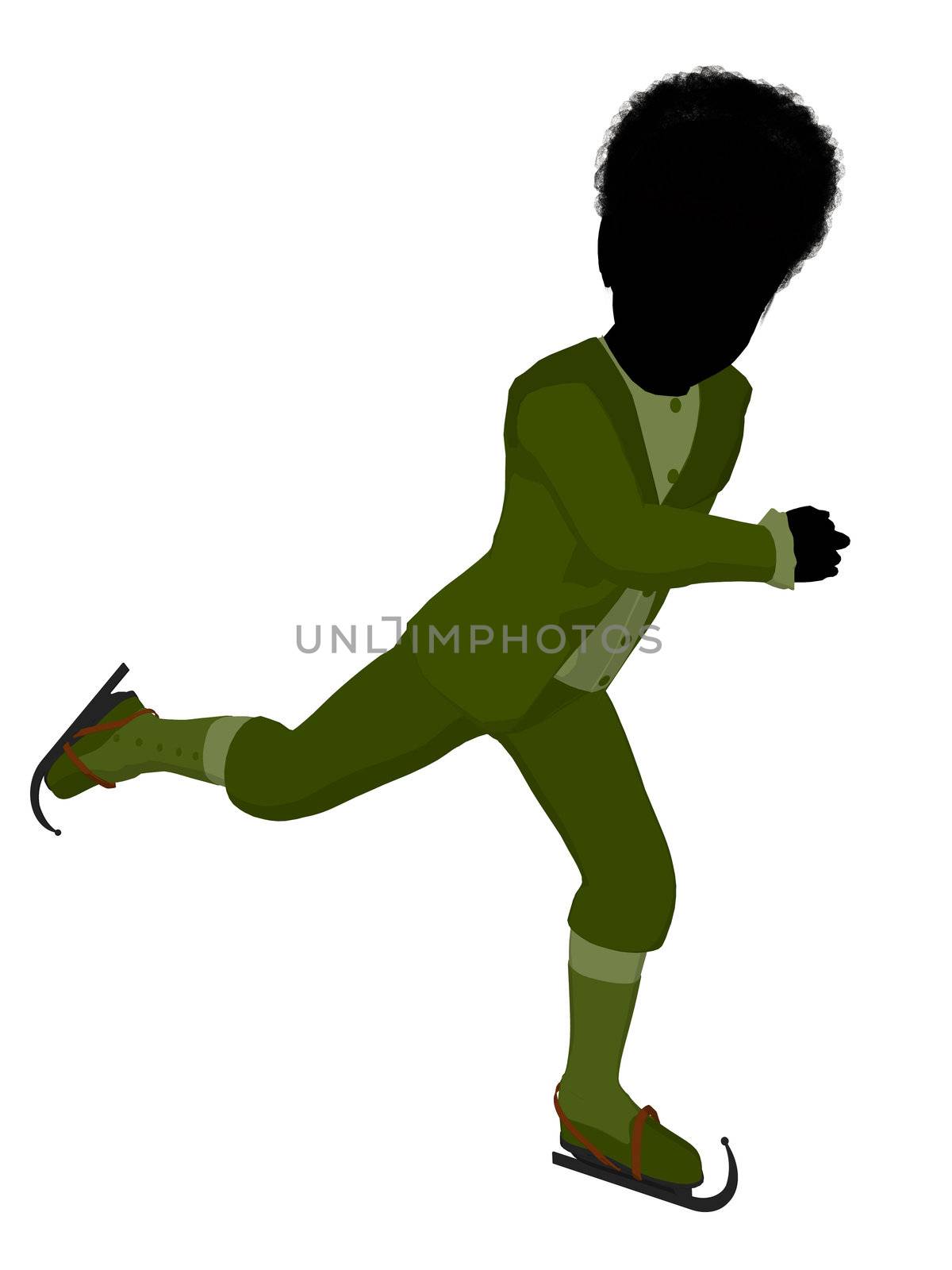 African american victorian boy on ice skates silhouette on a white background
