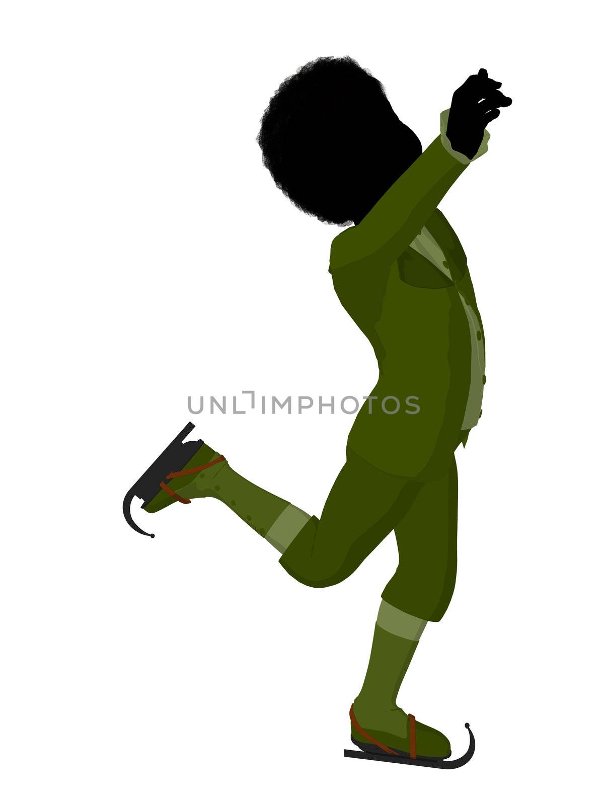 African american victorian boy on ice skates silhouette on a white background