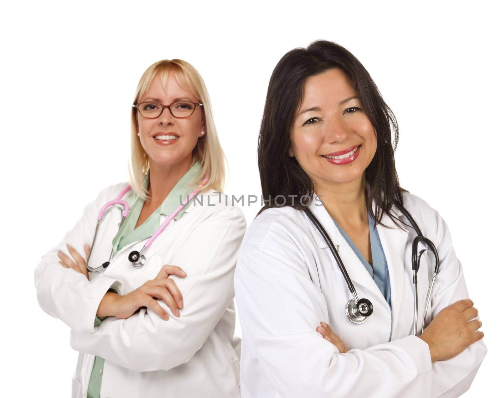 Two Female Doctors or Nurses Isolated on a White Background.