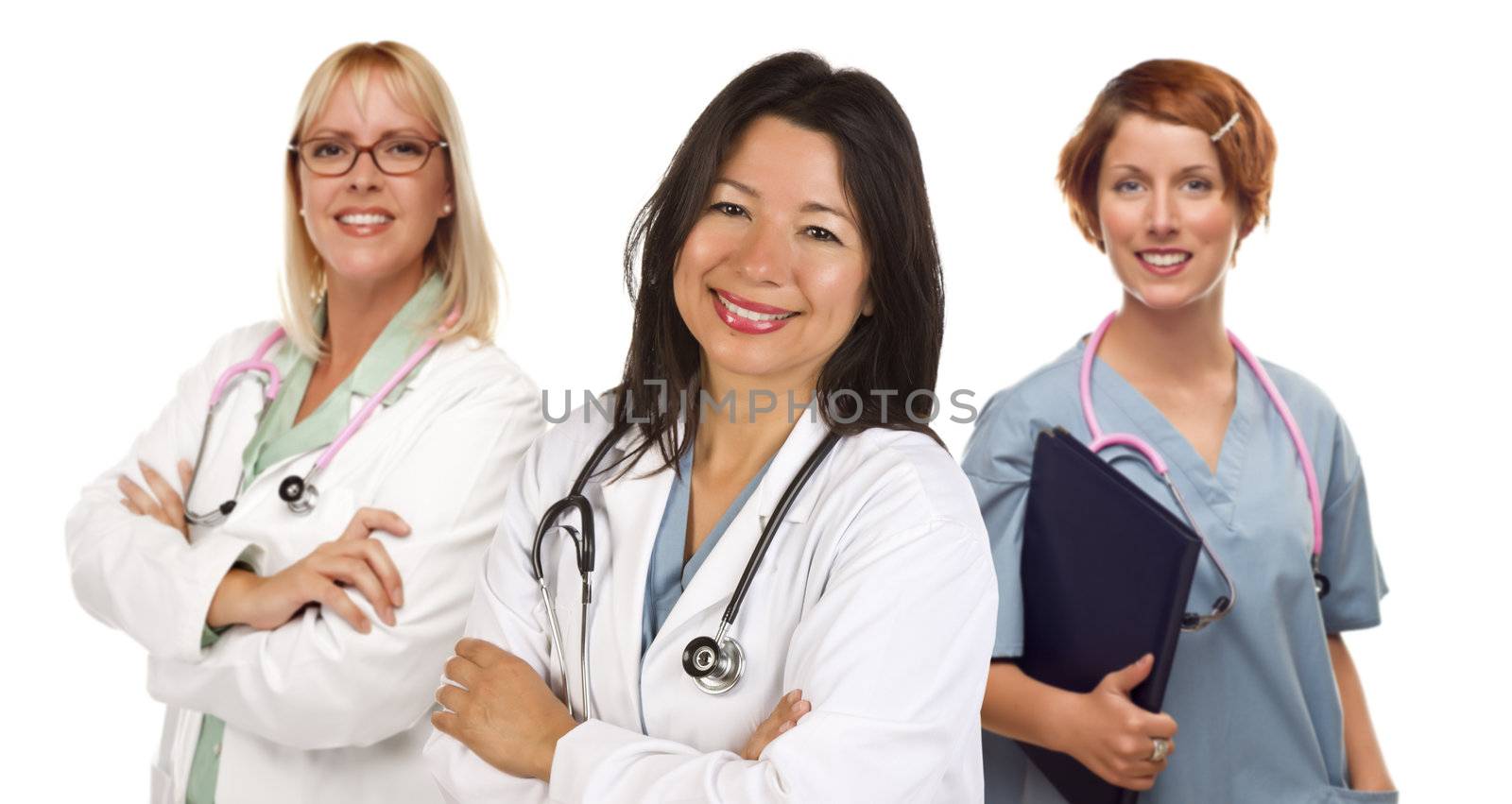 Three Female Doctors or Nurses Isolated on a White Background.