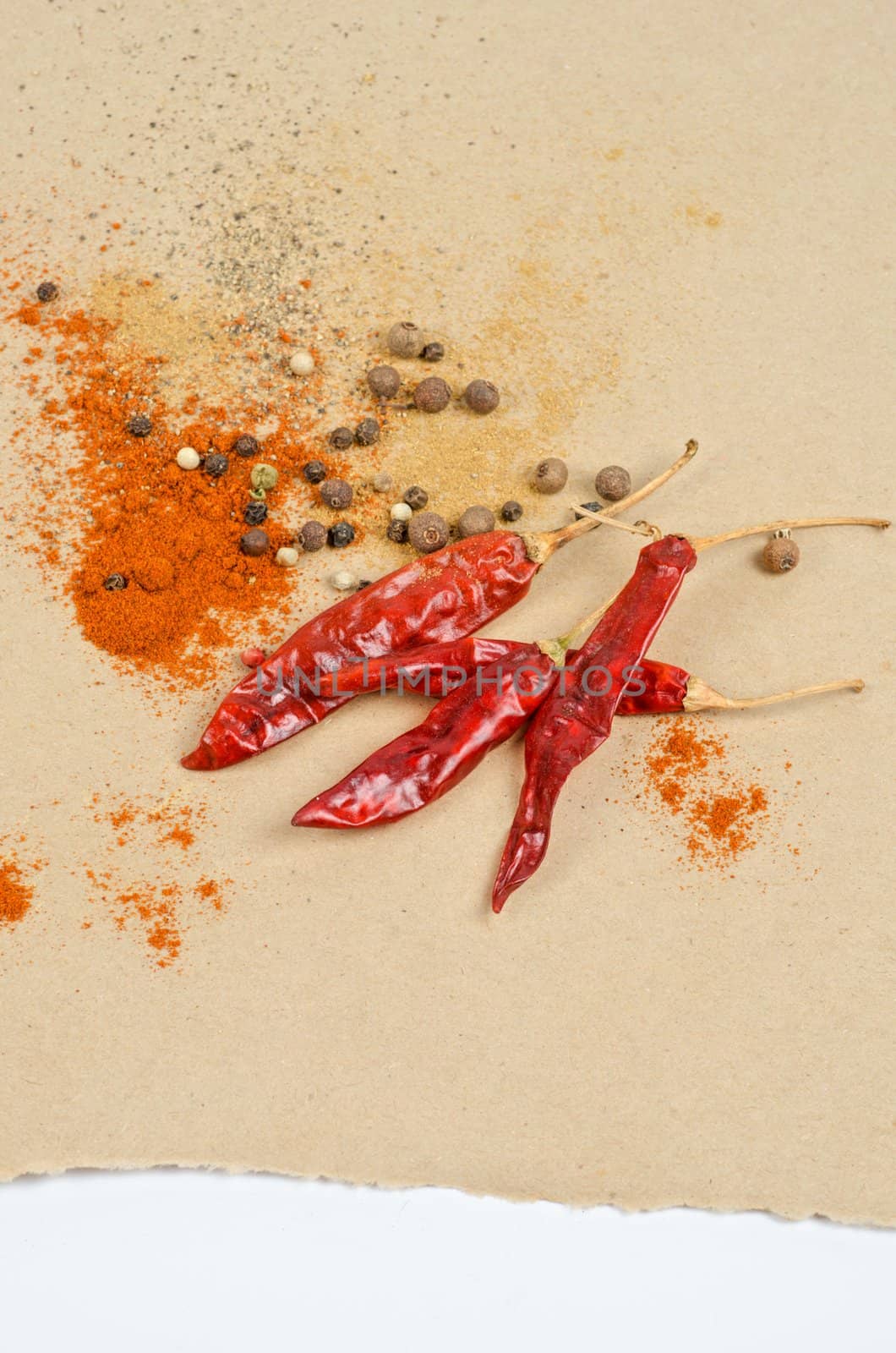 dried peppers and other kind of peppers spices on a brown background