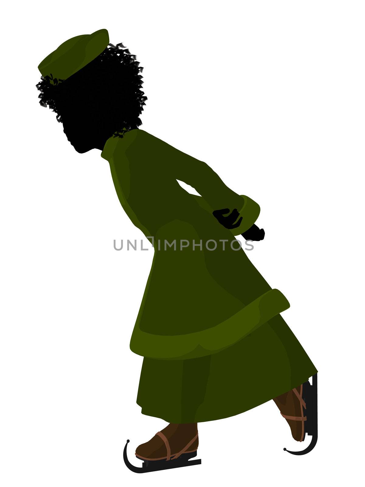 African american victorian girl on ice skates silhouette on a white background