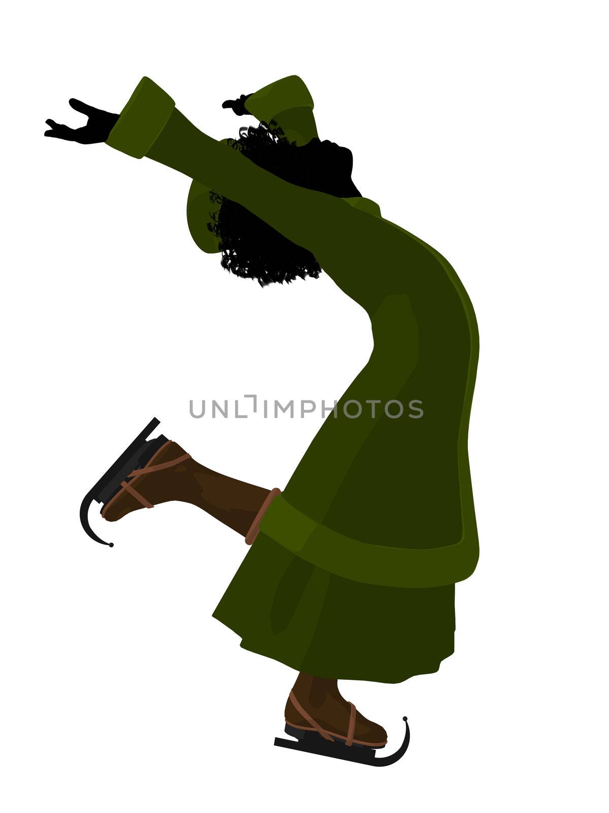 African american victorian girl on ice skates silhouette on a white background