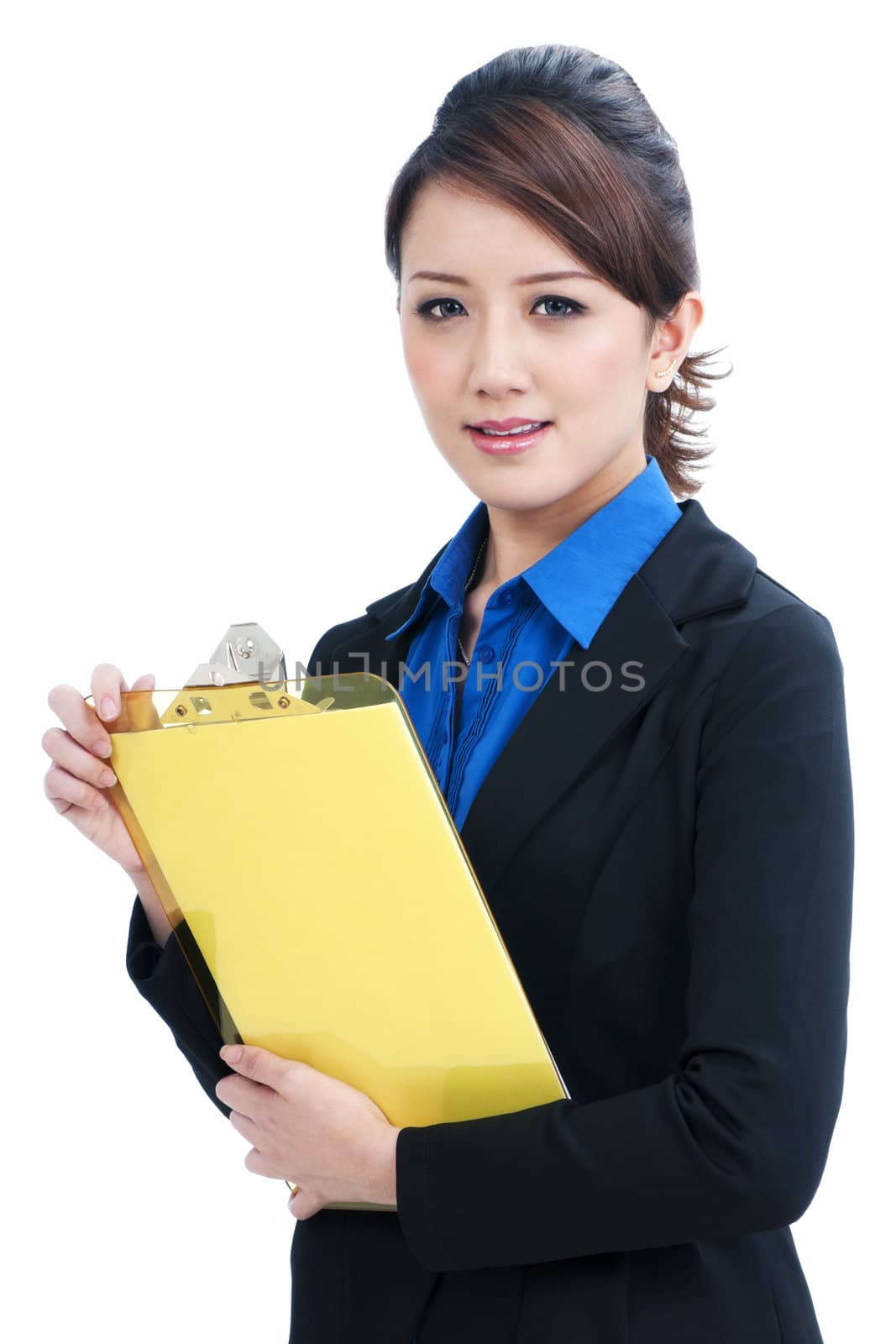 Portrait of an attractive business woman holding clipboard, isolated on white background.