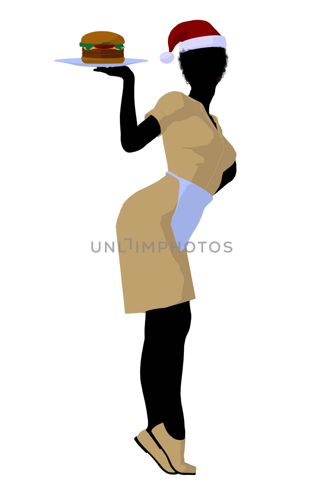 African american waitress wearing a santa hat silhouette on a white background