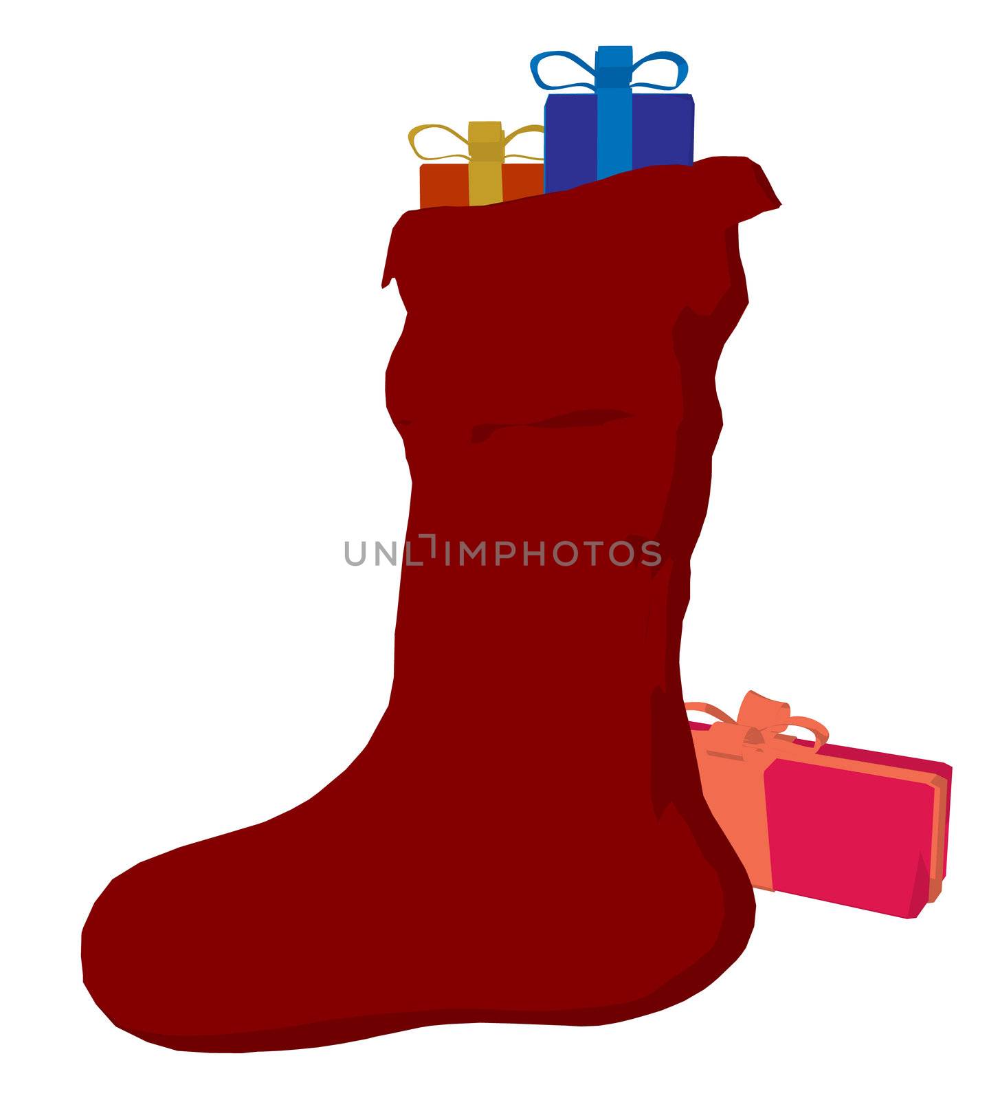 Christmas stocking with presents on a white background