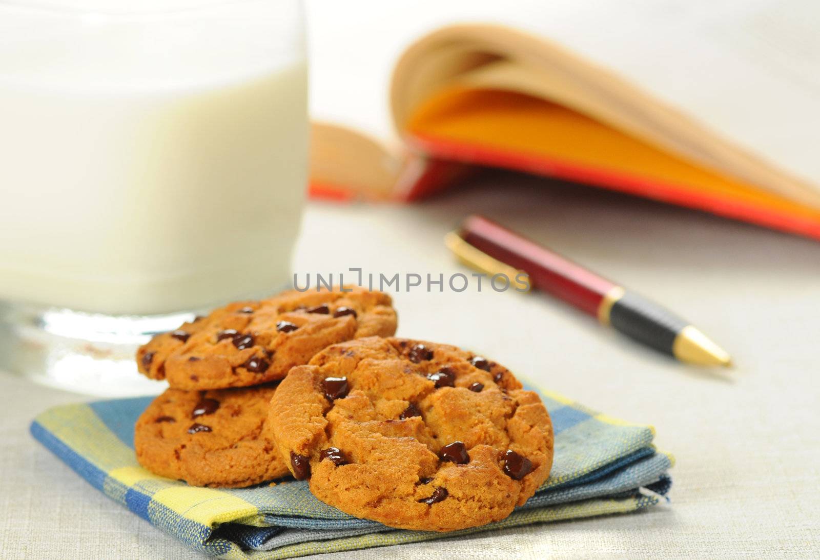 Tasty snack of chocolate chip cookies and milk.