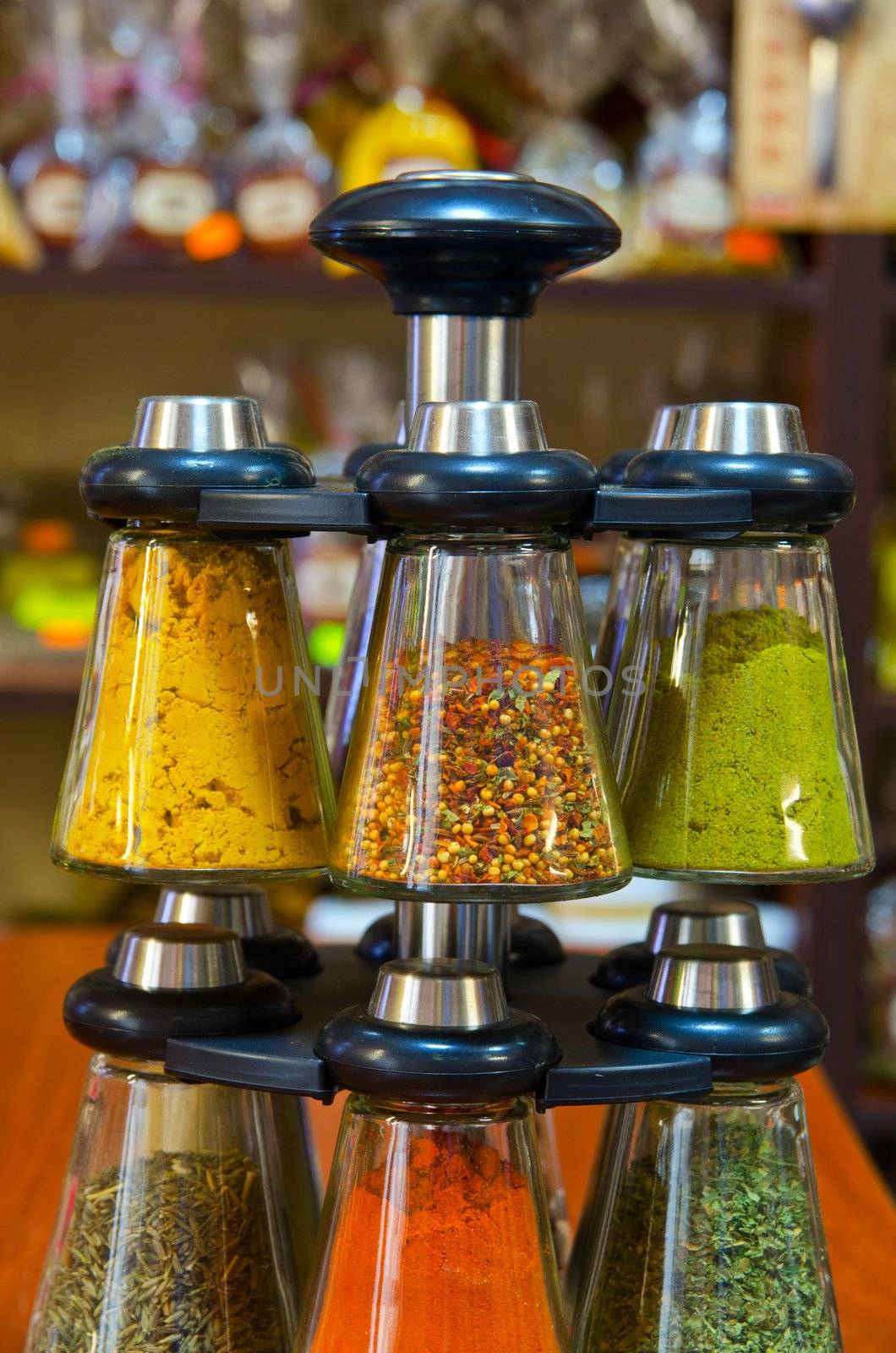 Different spices on the counter of market