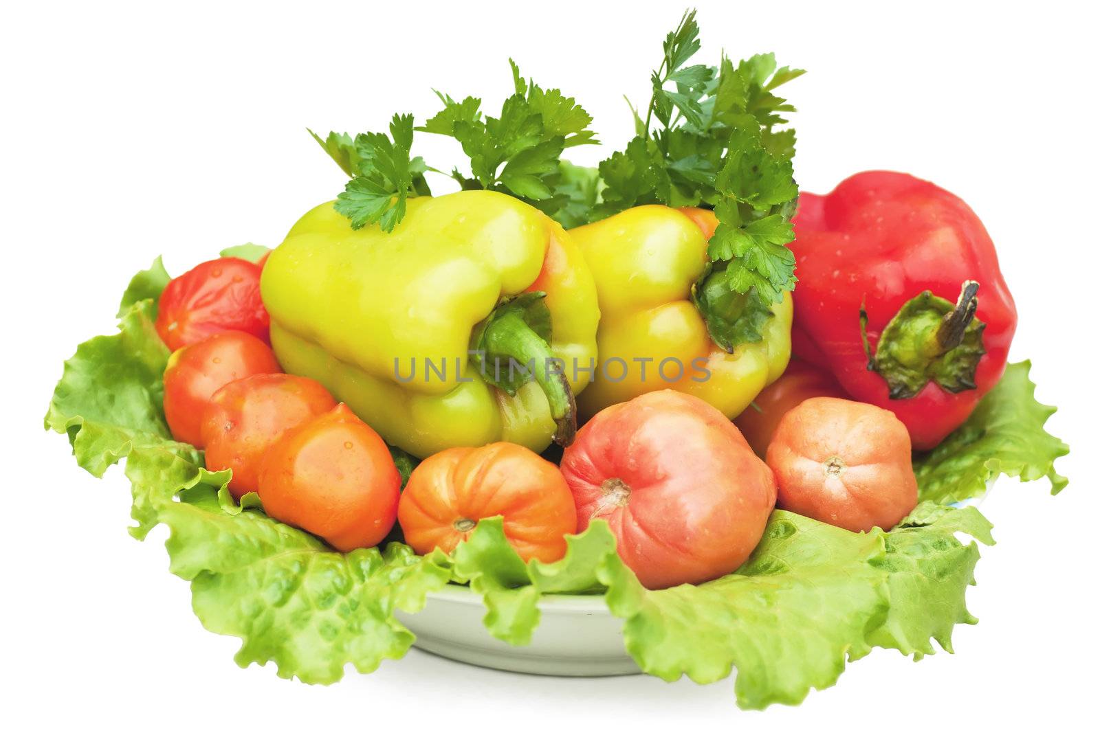 Healthy vegetables (peppers, tomatos, lettuce, parsley) on a plate isolated over white.