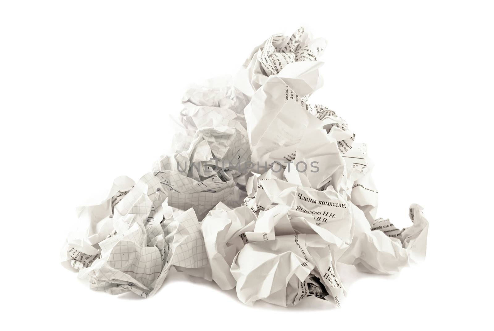 The heap of papers crumpled. White background