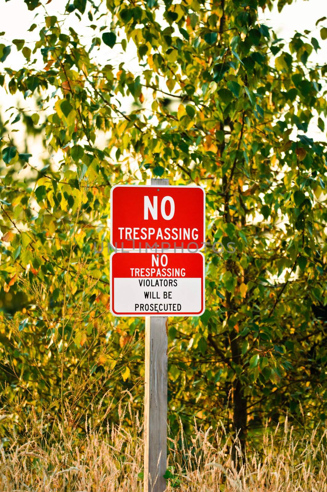 No Trespassing Sign on a wooden post. by lobzik