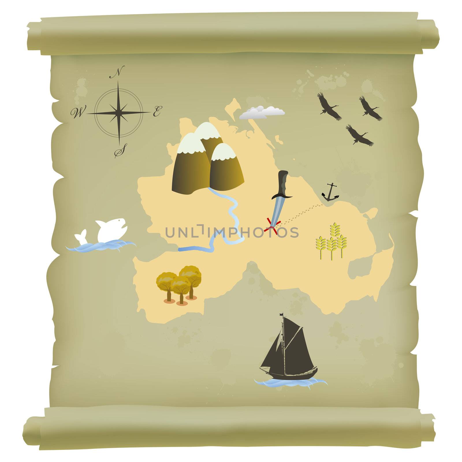 Papirus roll with treasure island map. Isolate object over white background